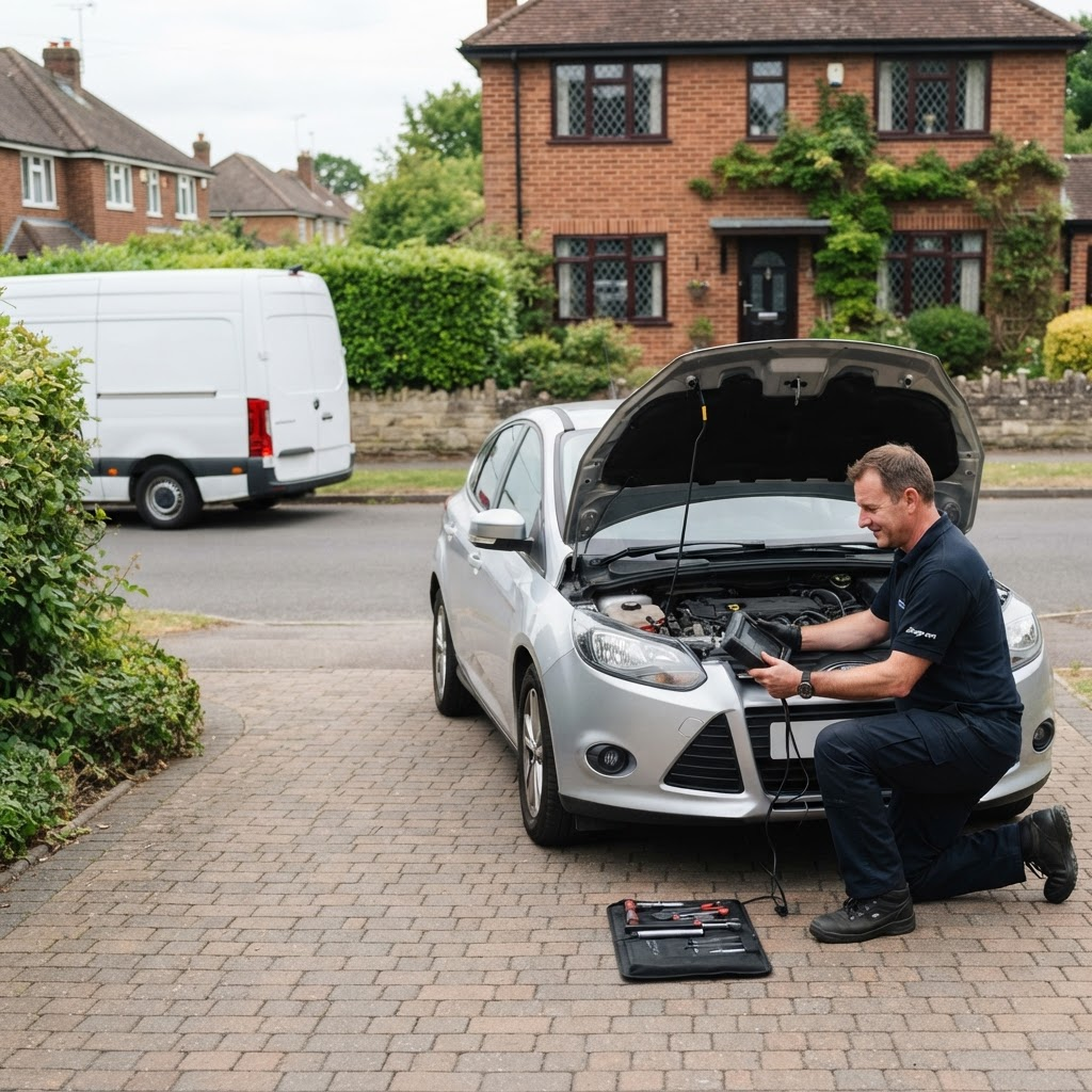 Mobile mechanic checking a car on a driveway in Colchester